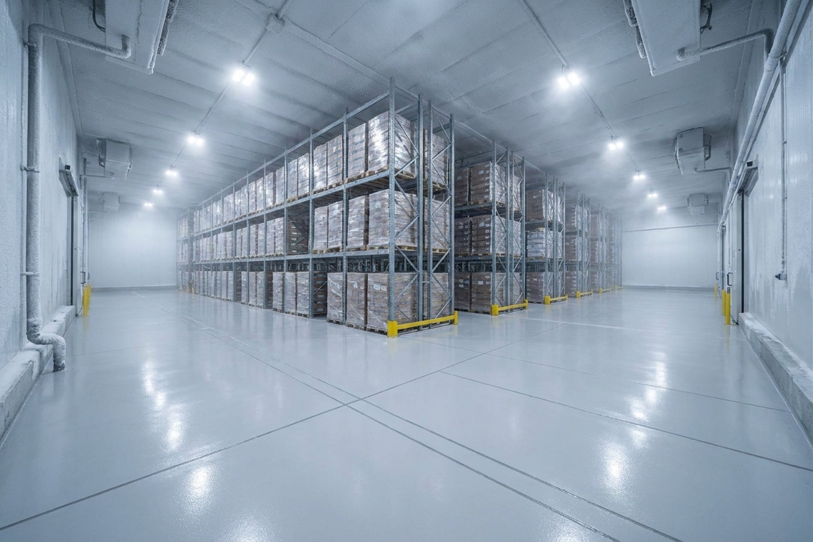 Polyurea floor coating in a cold storage freezer warehouse