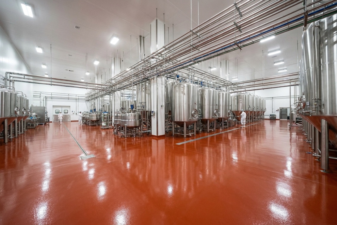 Seamless red urethane cement floor in a food and beverage processing plant